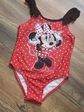 Disney Red and White Polka Dot Minnie Swim One-Piece with Black Accents 4t